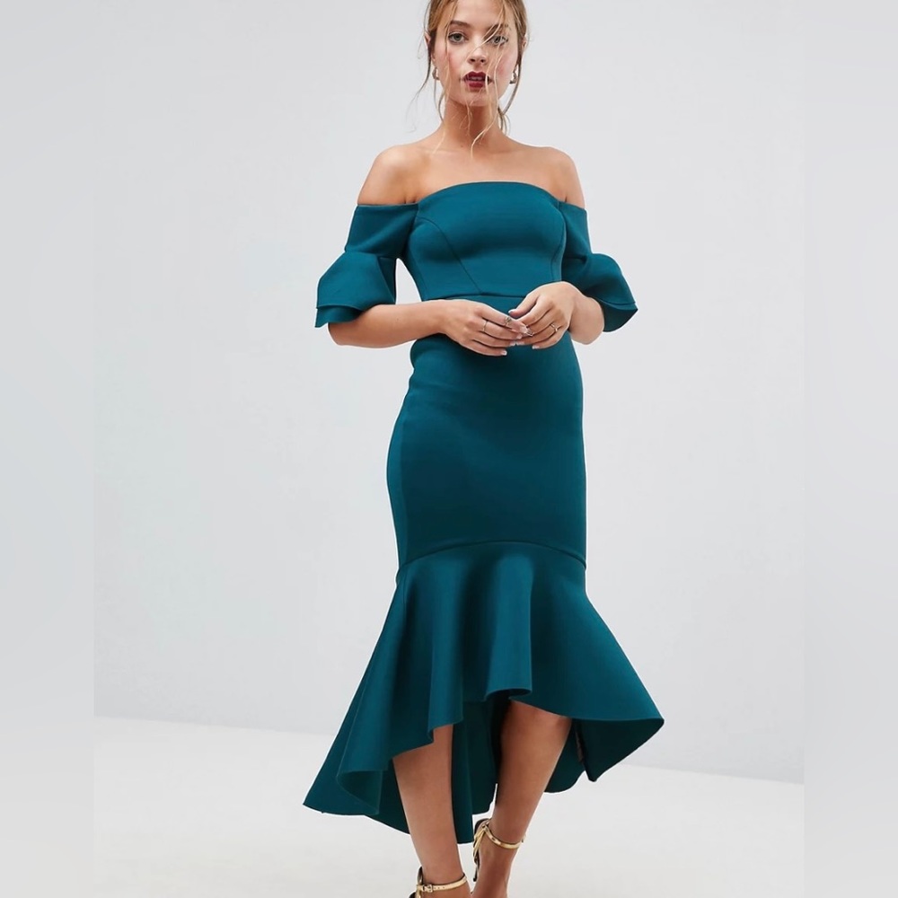 ASOS PREMIUM Bardot Bodycon Peplum Midi Dress (Teal)